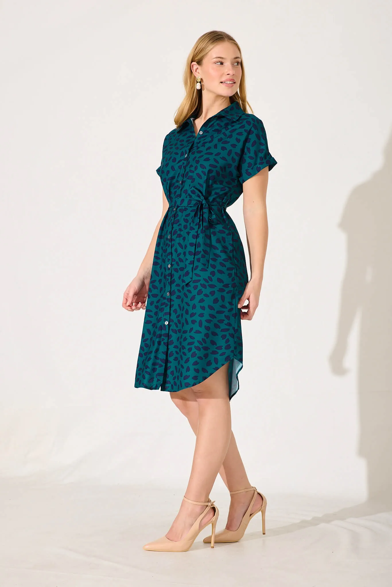 Maddison Shirt Dress In Teal With Navy Leaf sold by St Frock product image thumbnail 3