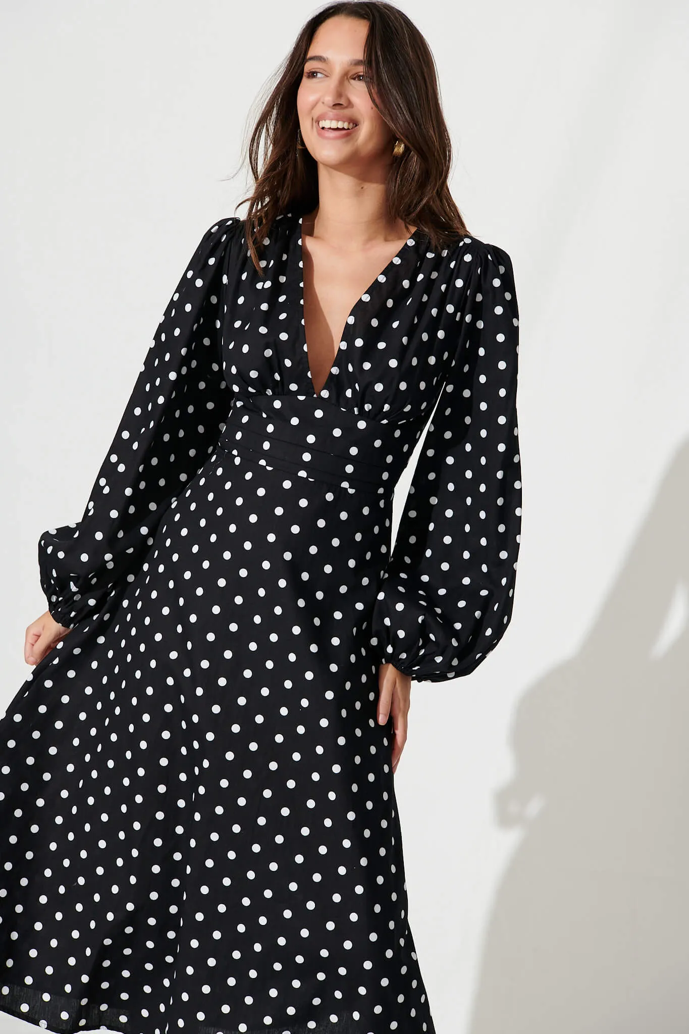 Sunburst Midi Dress In Black With White Spot Cotton sold by St Frock product image thumbnail 5