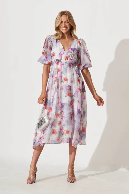 Manilla Midi Dress In Purple Multi Watercolour Floral sold by St Frock