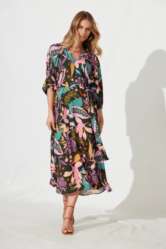 Stefani Midi Dress In Forest Green Multi Print sold by St Frock