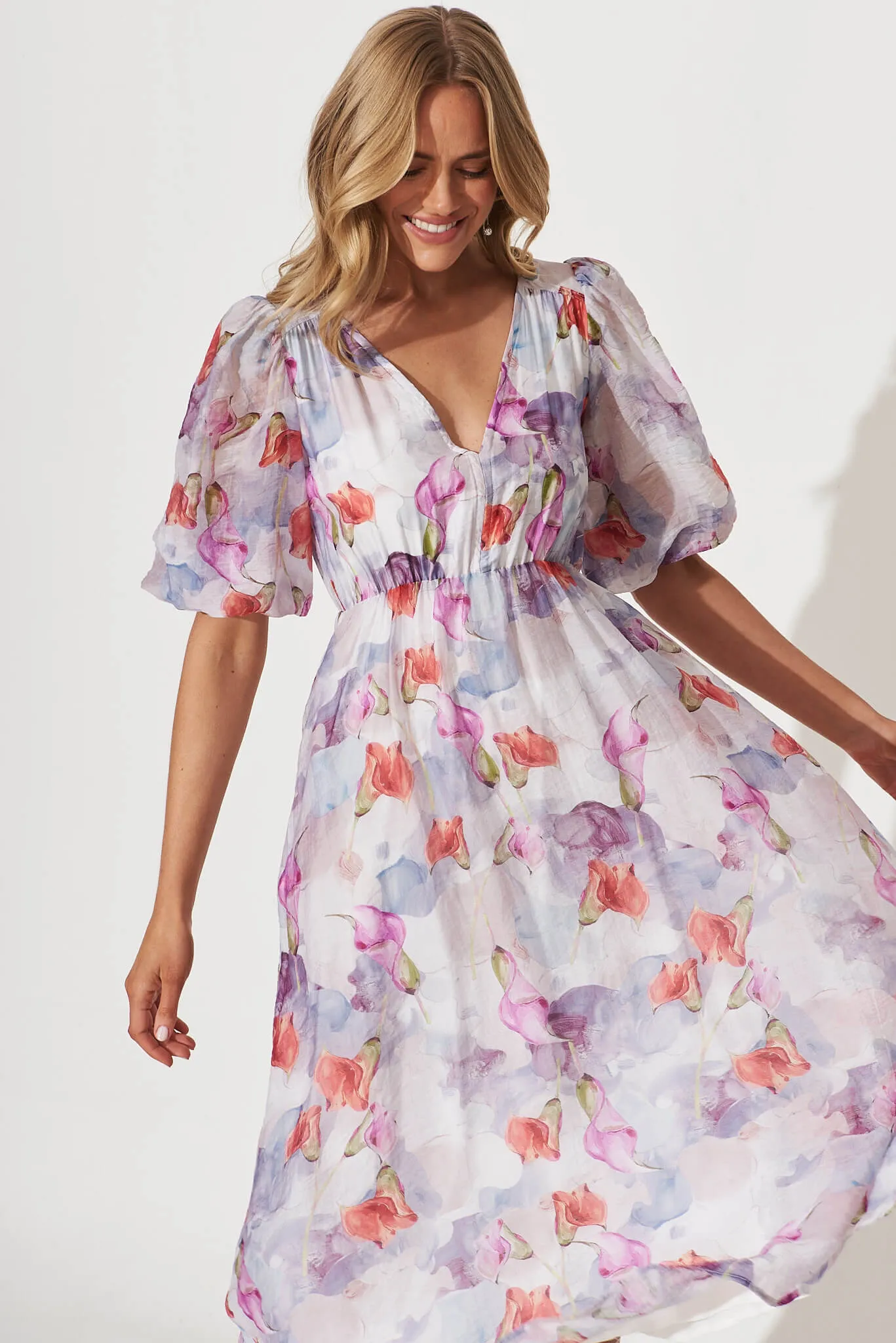 Manilla Midi Dress In Purple Multi Watercolour Floral sold by St Frock product image thumbnail 2