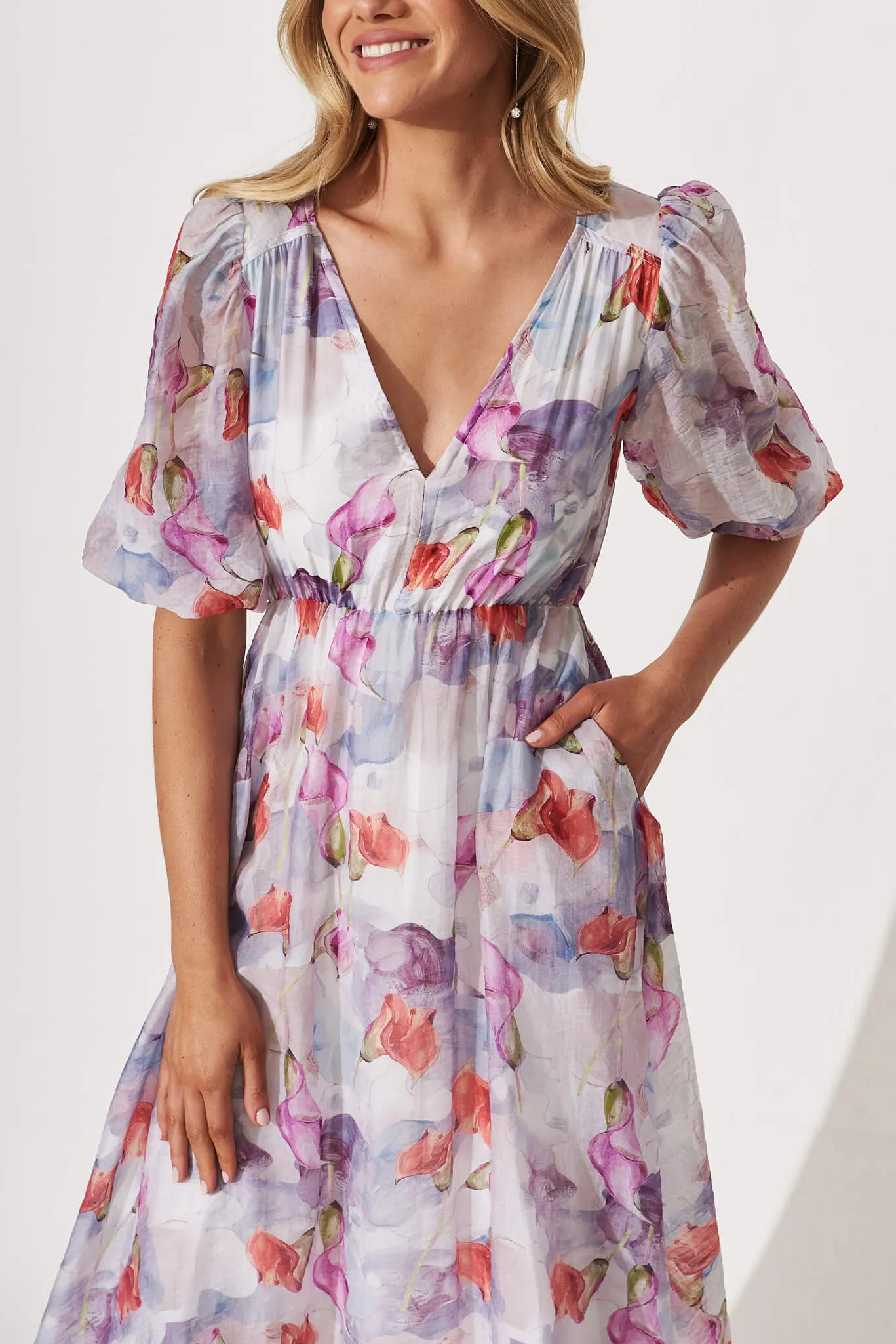 Manilla Midi Dress In Purple Multi Watercolour Floral sold by St Frock product image thumbnail 5