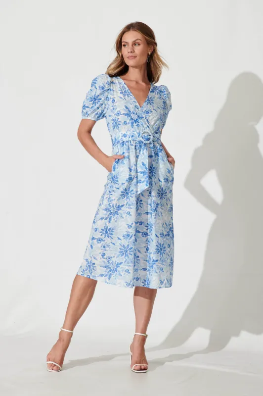 Lori Midi Dress In White With Blue Floral Cotton sold by St Frock