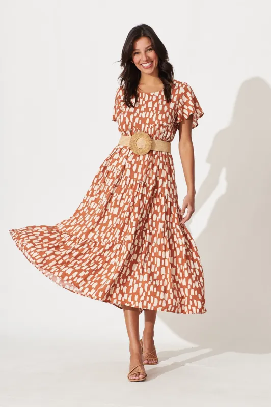 Louisiana Midi Smock Dress In Rust With Cream Print sold by St Frock