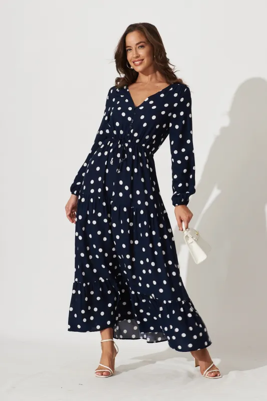 Johanna Maxi Dress In Navy With White Polka Dot sold by St Frock