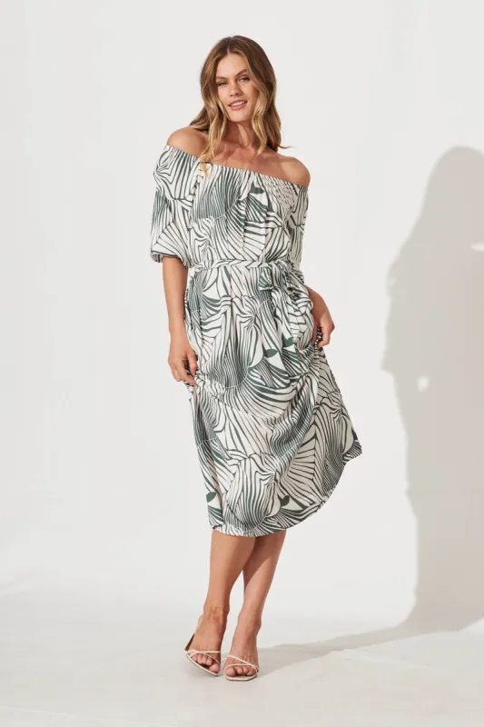 Whitehaven Midi Dress In White With Khaki Leaf Print sold by St Frock