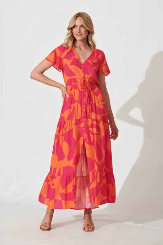 Clairie Maxi Dress In Tangerine With Pink Print sold by St Frock