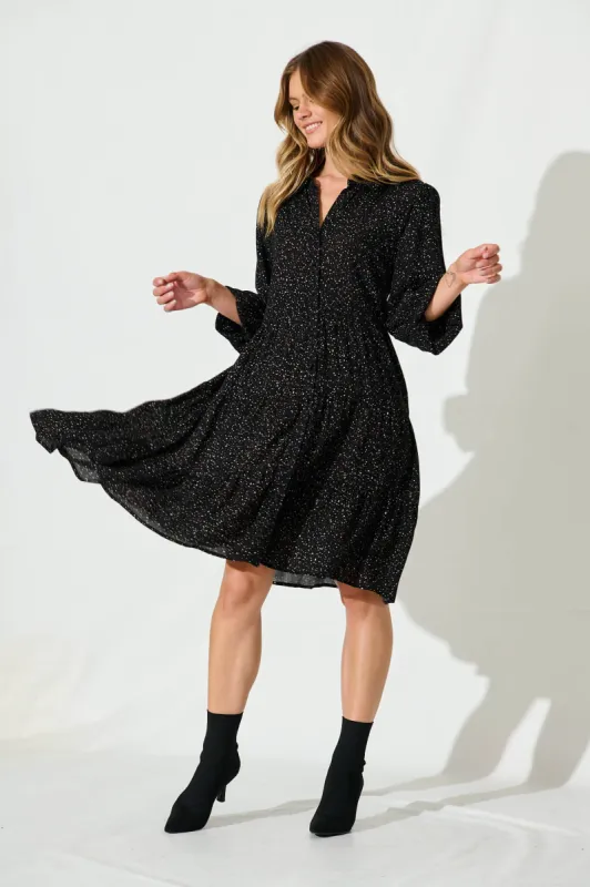 Glorietta Smock Dress In Black Multi Speckle sold by St Frock