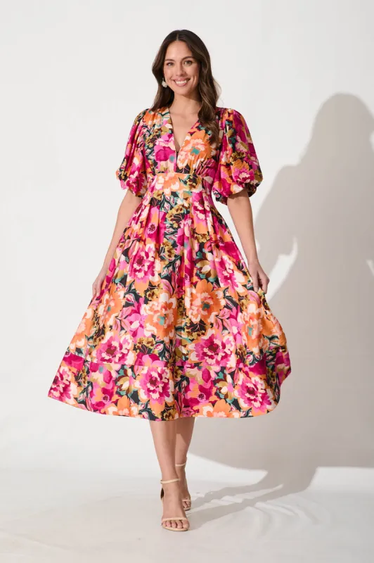 Daydreamer Midi Dress In Black With Bright Multi Floral sold by St Frock