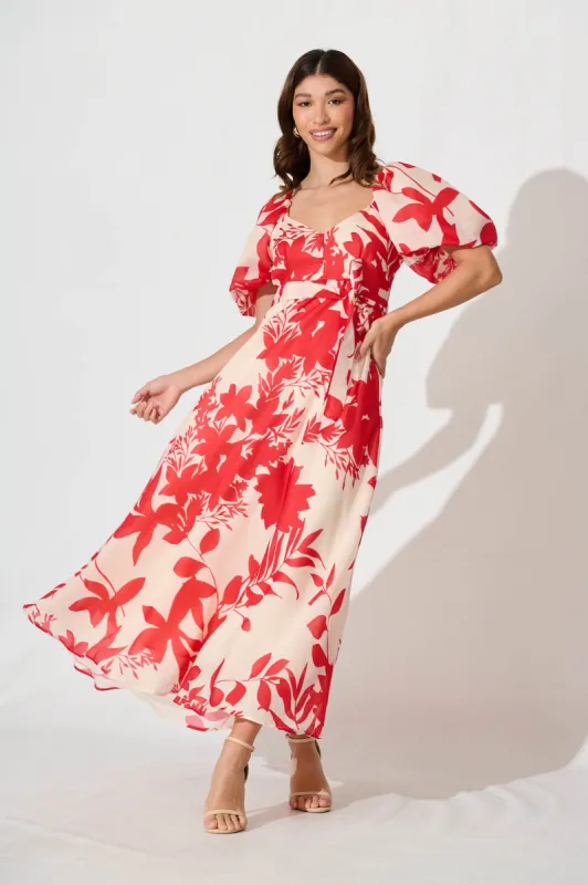 Medora Maxi Dress In Champagne With Red Floral sold by St Frock