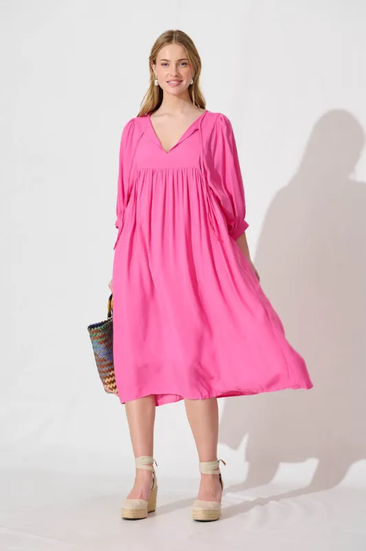 Spring Afternoon Midi Smock Dress In Hot Pink sold by St Frock