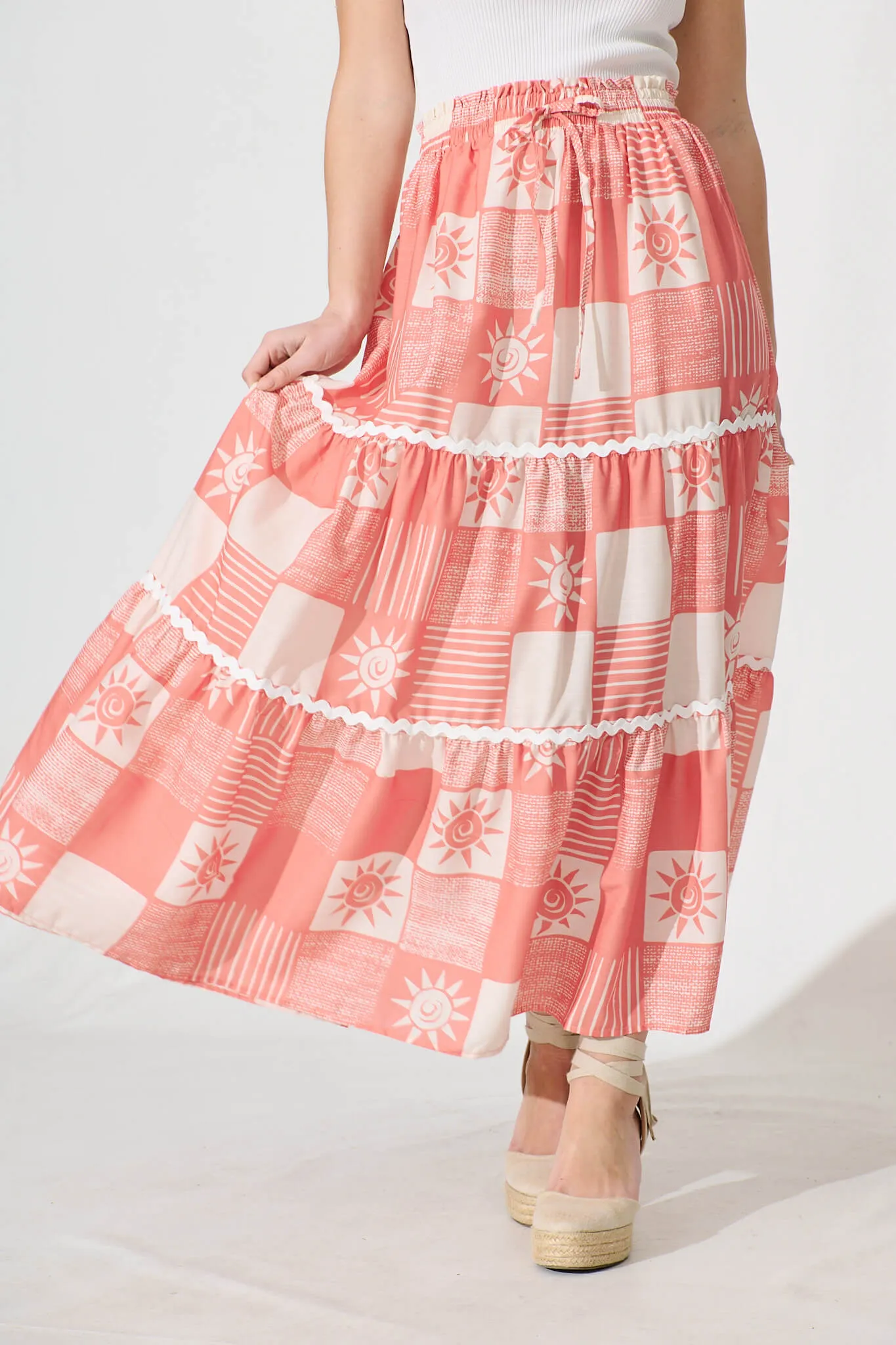 Hestia Maxi Skirt In Pink Print Ric Rac Trim Cotton Blend sold by St Frock