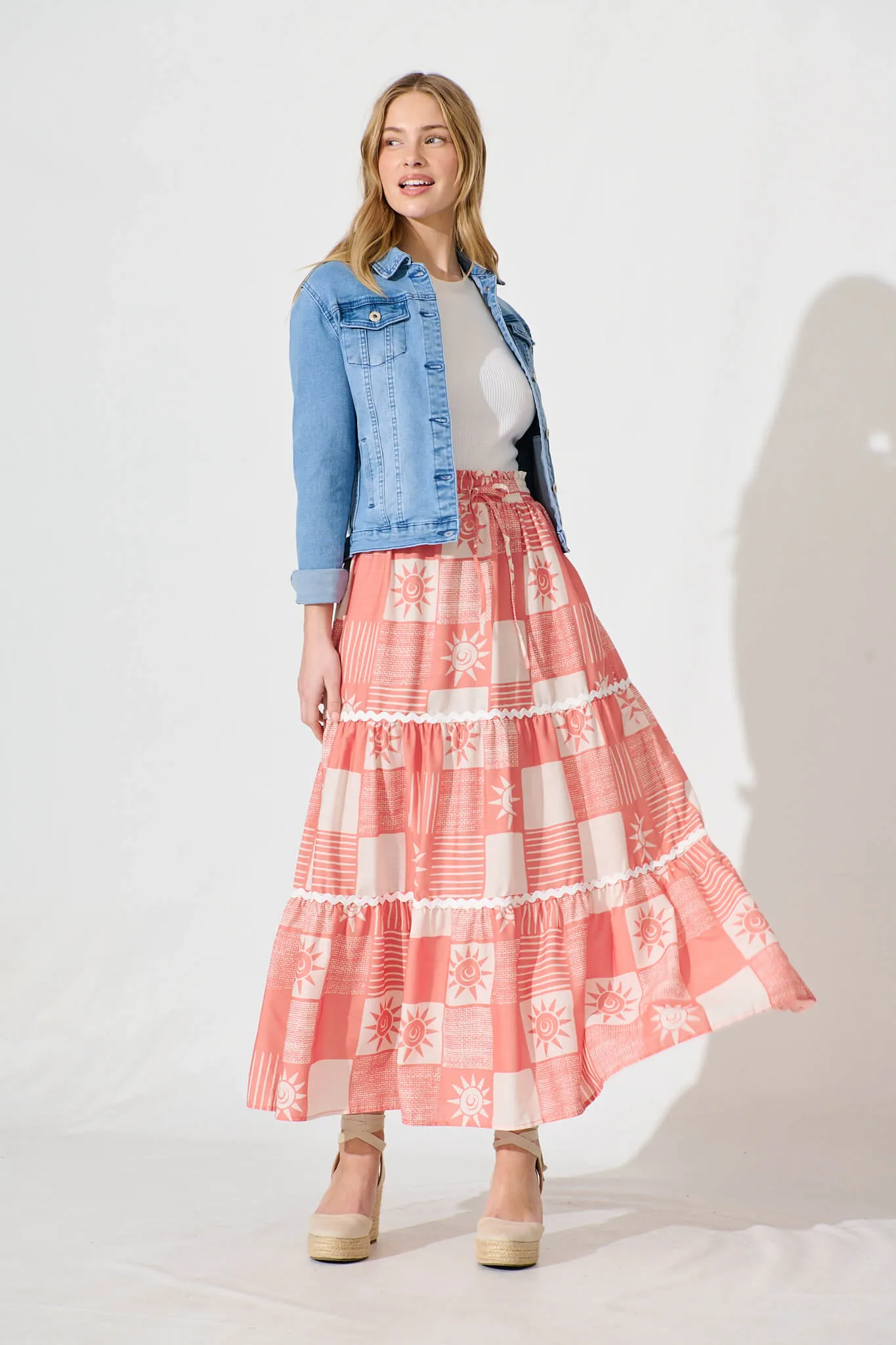 Hestia Maxi Skirt In Pink Print Ric Rac Trim Cotton Blend sold by St Frock product image thumbnail 4