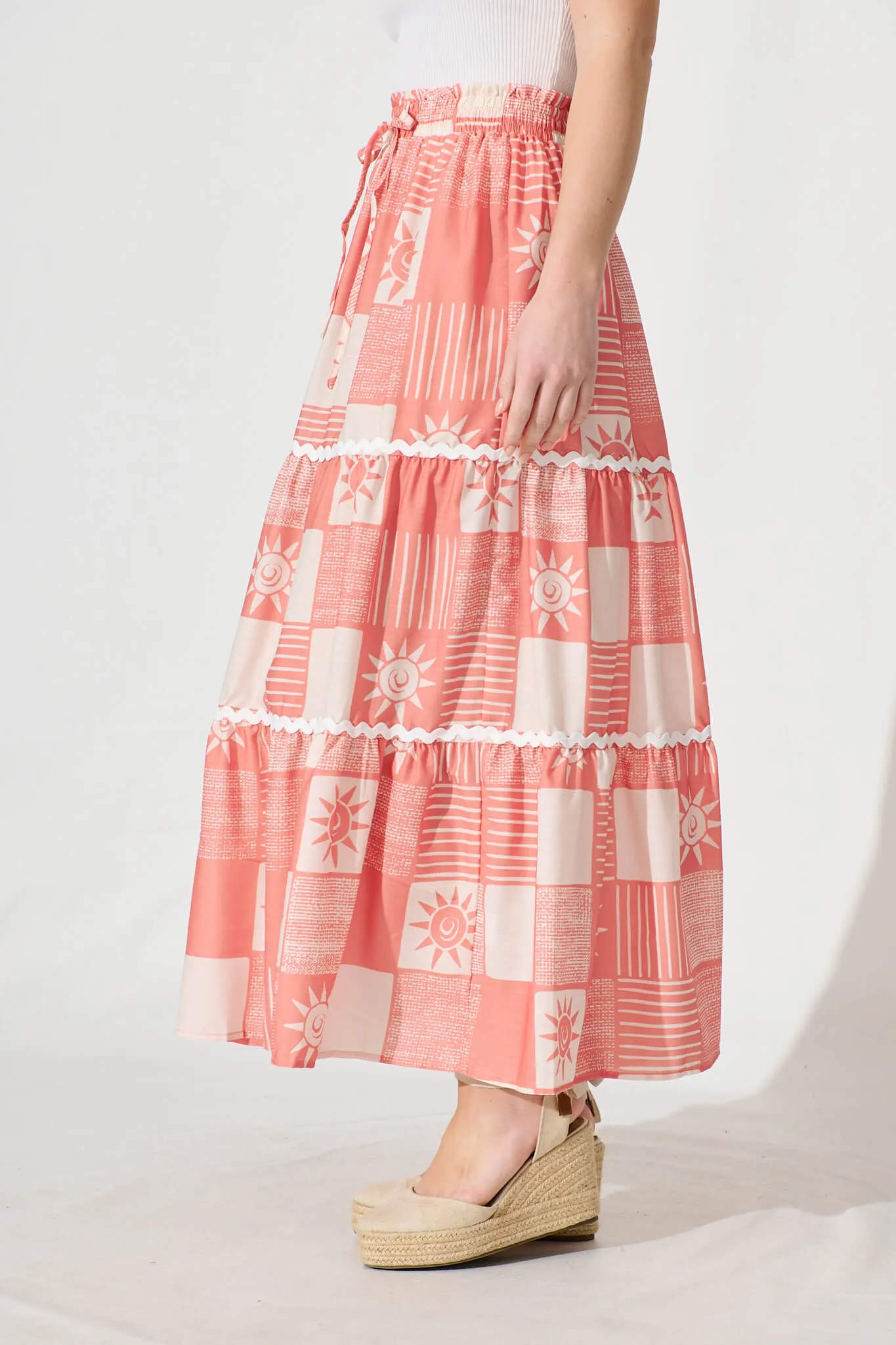 Hestia Maxi Skirt In Pink Print Ric Rac Trim Cotton Blend sold by St Frock product image thumbnail 2