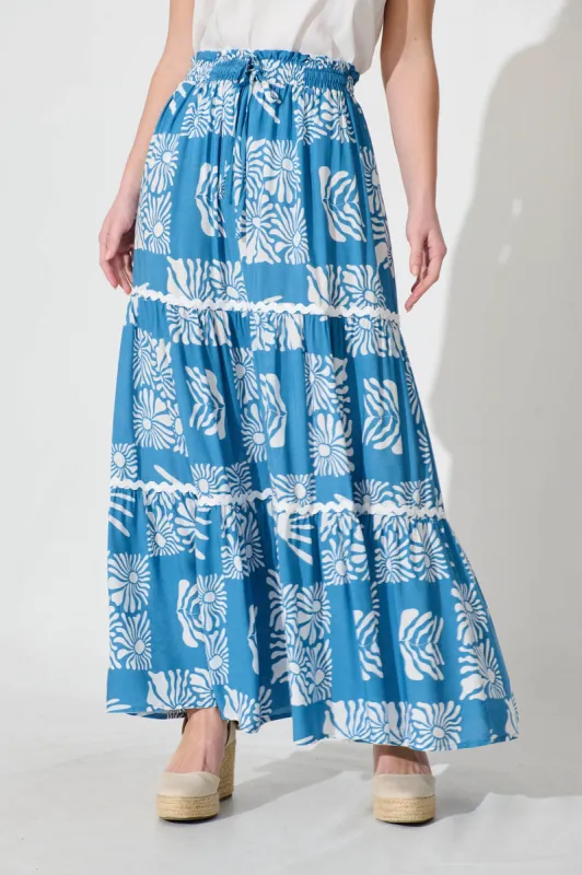 Minima Maxi Skirt In Blue Print With White Ric Rac Trim sold by St Frock