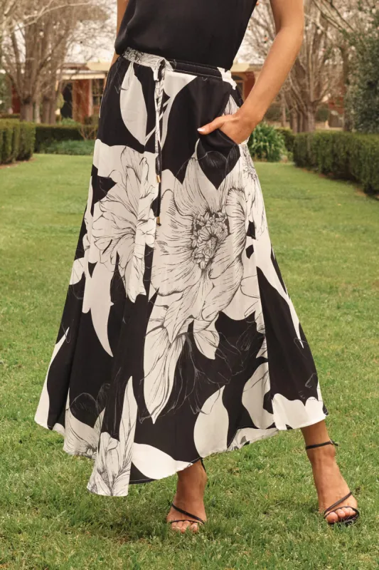 Farrell Maxi Skirt In Black With White Floral made by St Frock