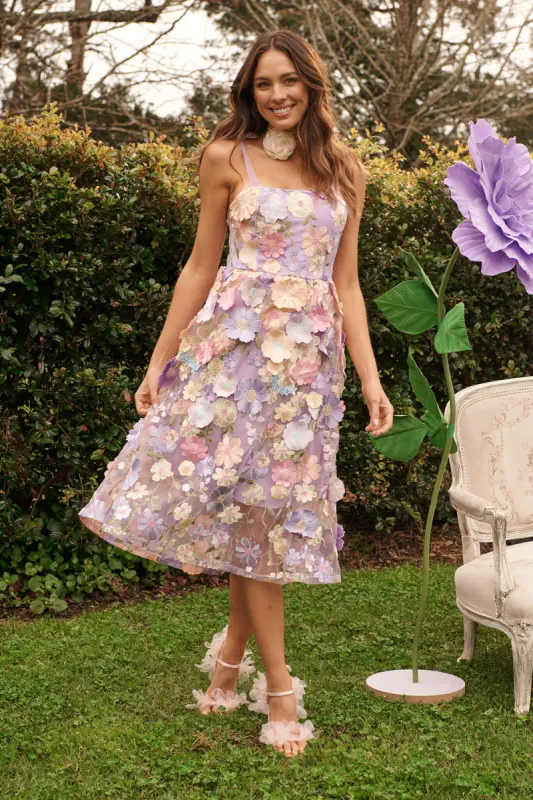 Garden Of Time Midi Dress In Lilac Floral Embroidered Tulle sold by St Frock