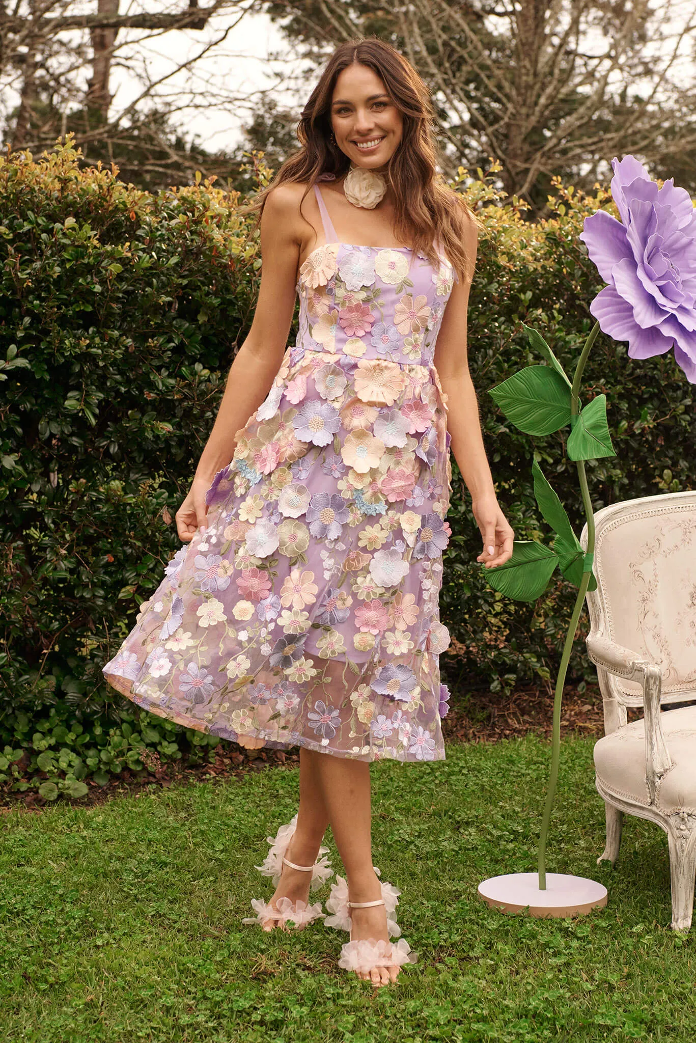 Garden Of Time Midi Dress In Lilac Floral Embroidered Tulle sold by St Frock