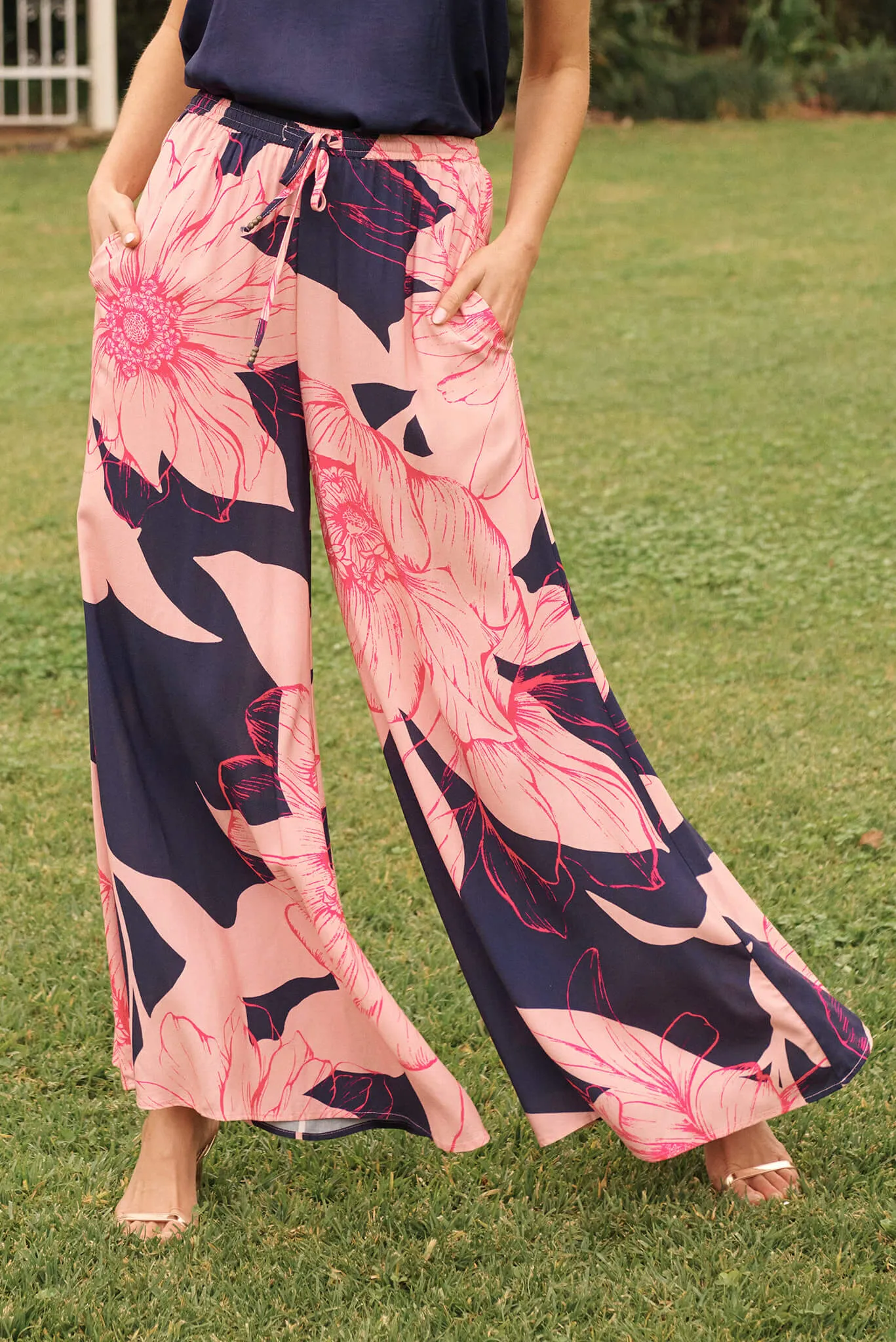 Lucia Pant In Navy With Blush Flower sold by St Frock
