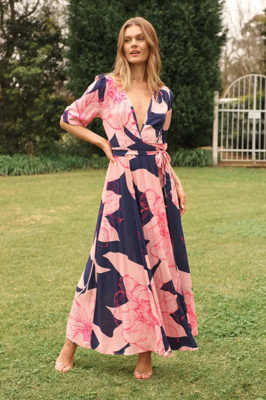 Ronda Maxi Wrap Dress In Navy With Blush Flower Print sold by St Frock