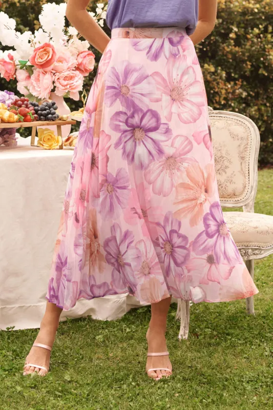 Tallie Midi Skirt In Pink With Lilac Flower Chiffon sold by St Frock