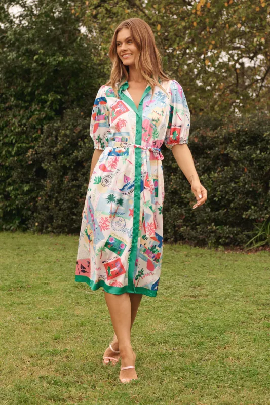 Shoalhaven Midi Shirt Dress In Multi Postcard Satin sold by St Frock