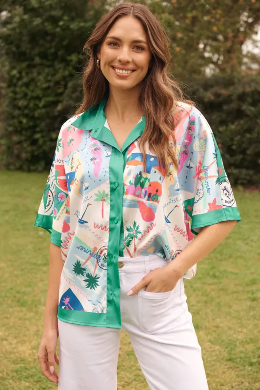 Manarola Shirt In Multi Postcard Satin sold by St Frock