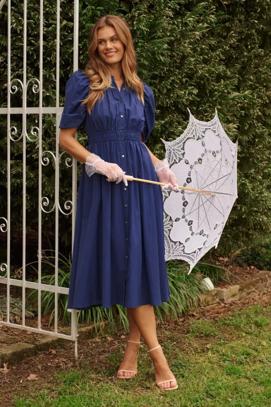 Gemini Midi Shirt Dress In Navy Cotton sold by St Frock