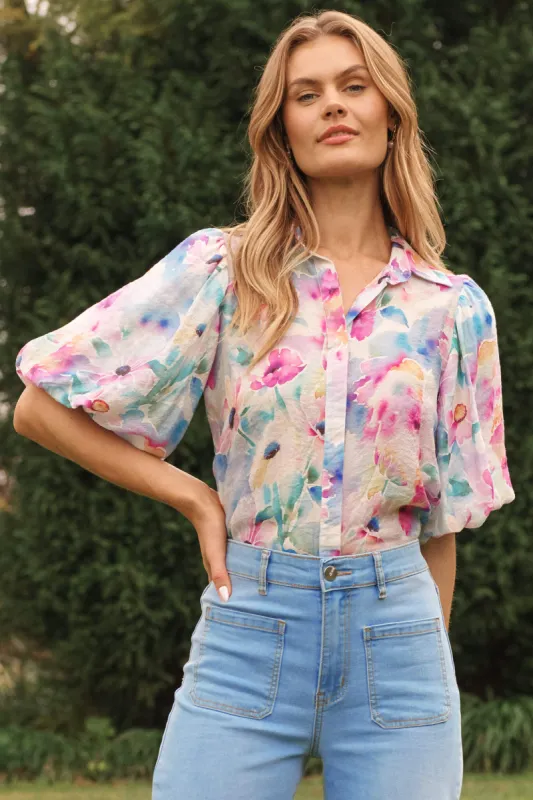 Aeryn Shirt In Pastel Watercolour Floral sold by St Frock