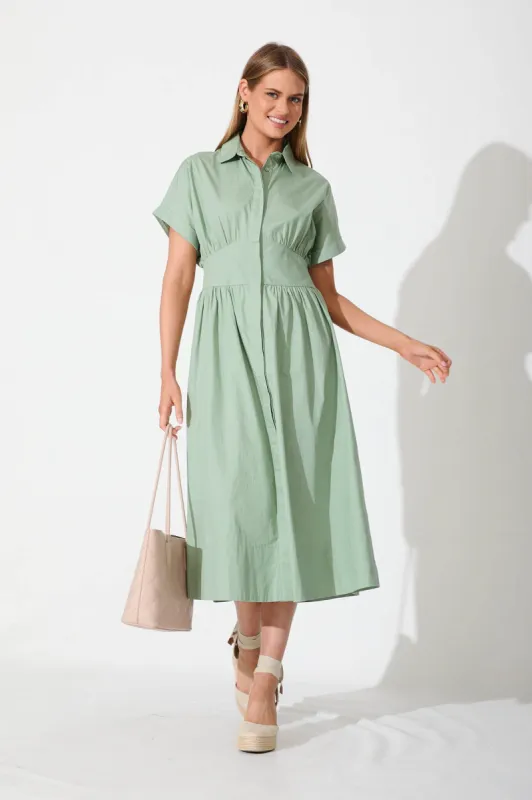 Cielo Midi Dress In Sage Green Cotton sold by St Frock