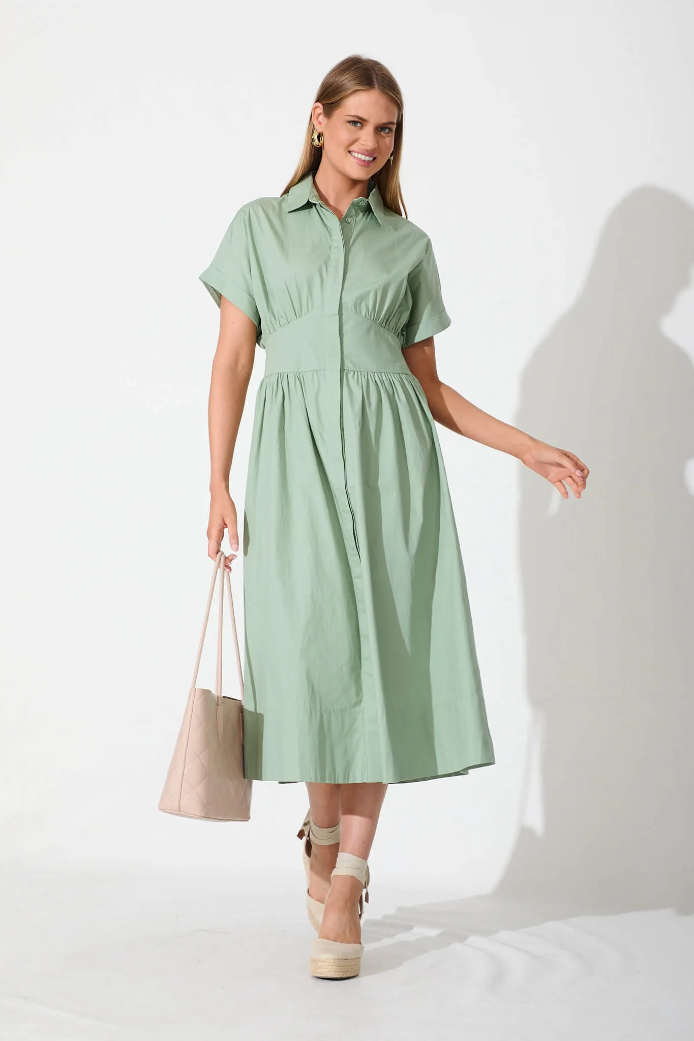 Cielo Midi Dress In Sage Green Cotton sold by St Frock