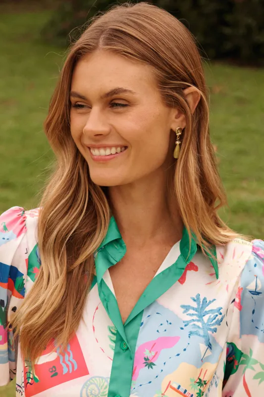 Amara Drop Earrings In Gold With Light Green sold by St Frock