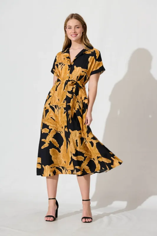 My Love Midi Shirt Dress In Black And Rust Leaf Linen Blend sold by St Frock