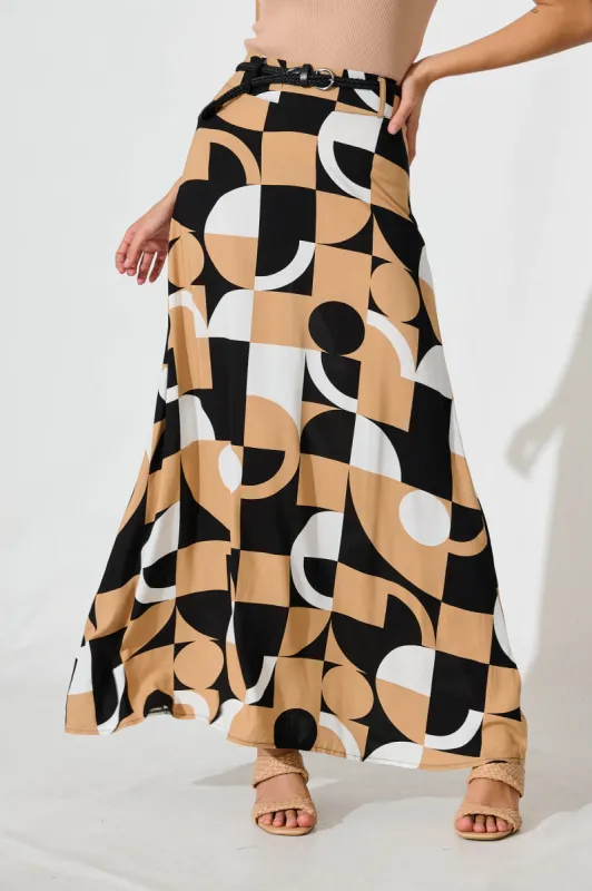 Josephine Maxi Skirt In Beige With Black And White Geometric Print sold by St Frock