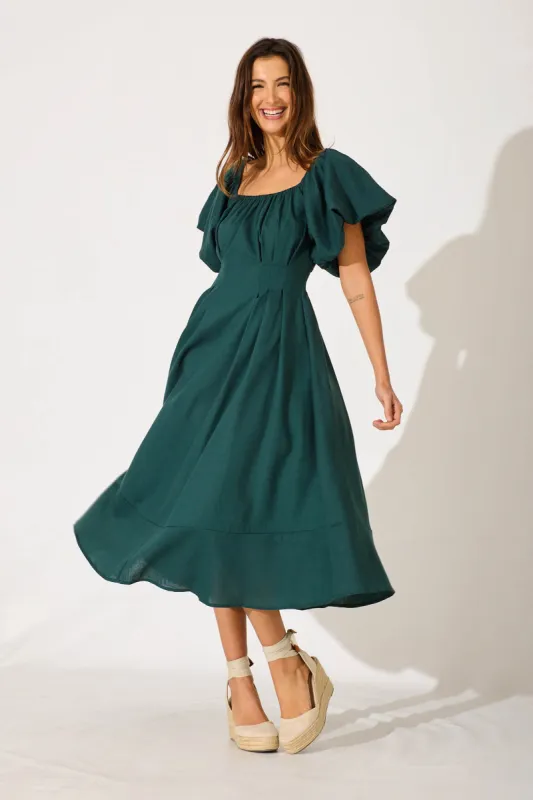 Wintour Midi Dress In Emerald Linen Blend sold by St Frock