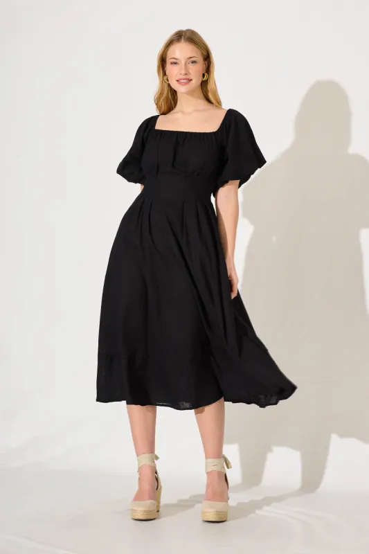 Wintour Midi Dress In Black Linen Blend sold by St Frock