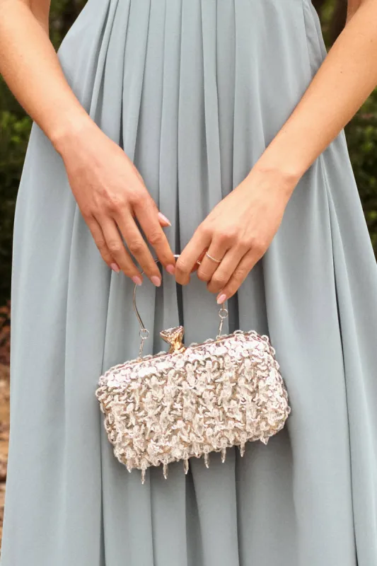 Alma Clutch Bag In Silver Sequin And Diamante sold by St Frock