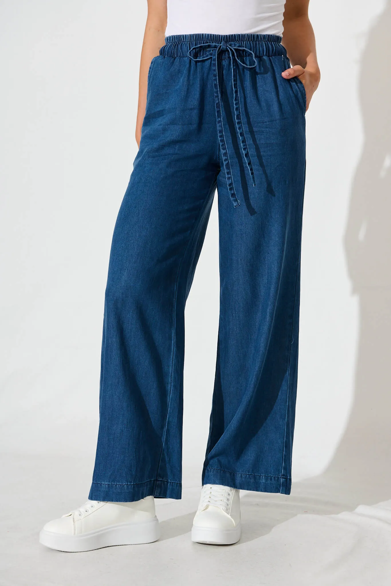 Oden Pants In Dark Blue Chambray sold by St Frock