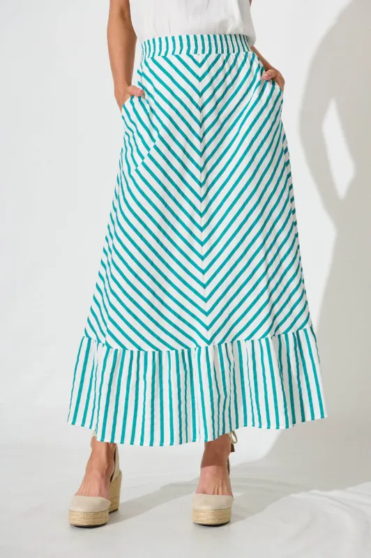 Kemper Maxi Skirt In White With Green Stripe Cotton sold by St Frock