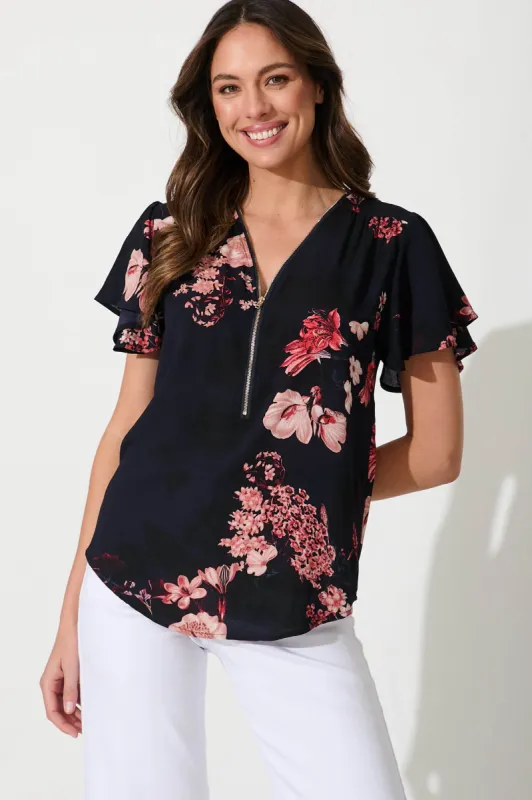 Viviana Zip Top In Navy With Pink And Blush Floral sold by St Frock
