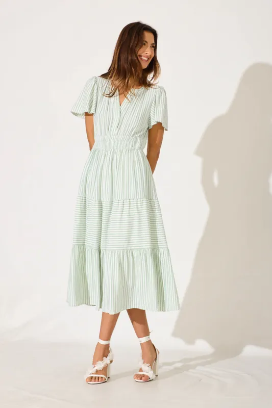 Palm Springs Midi Dress In Pale Green And White Stripe sold by St Frock