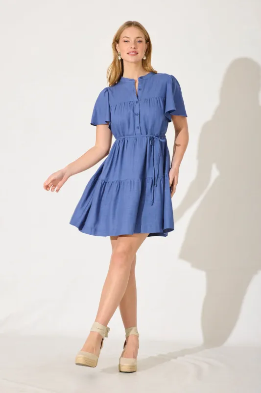 Rosemary Smock Dress In Blue Linen Blend sold by St Frock