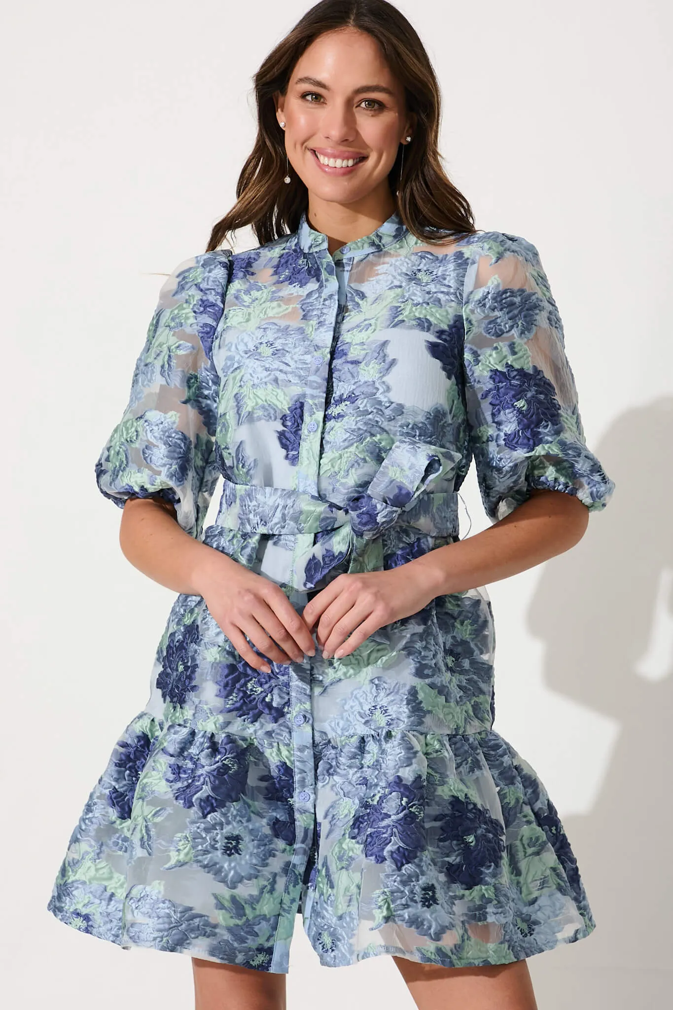 Giuliette Shirt Dress In Blue Floral Organza Jacquard sold by St Frock product image thumbnail 2