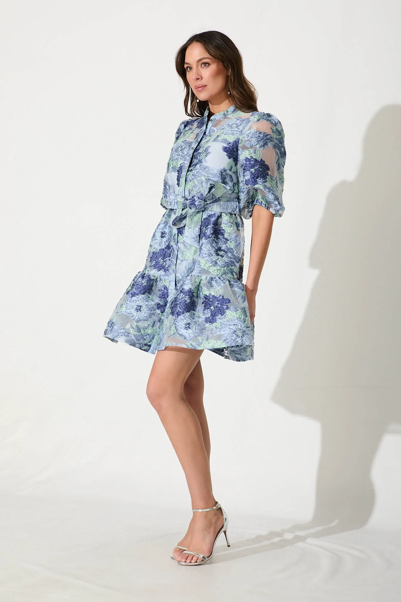 Giuliette Shirt Dress In Blue Floral Organza Jacquard sold by St Frock product image thumbnail 3