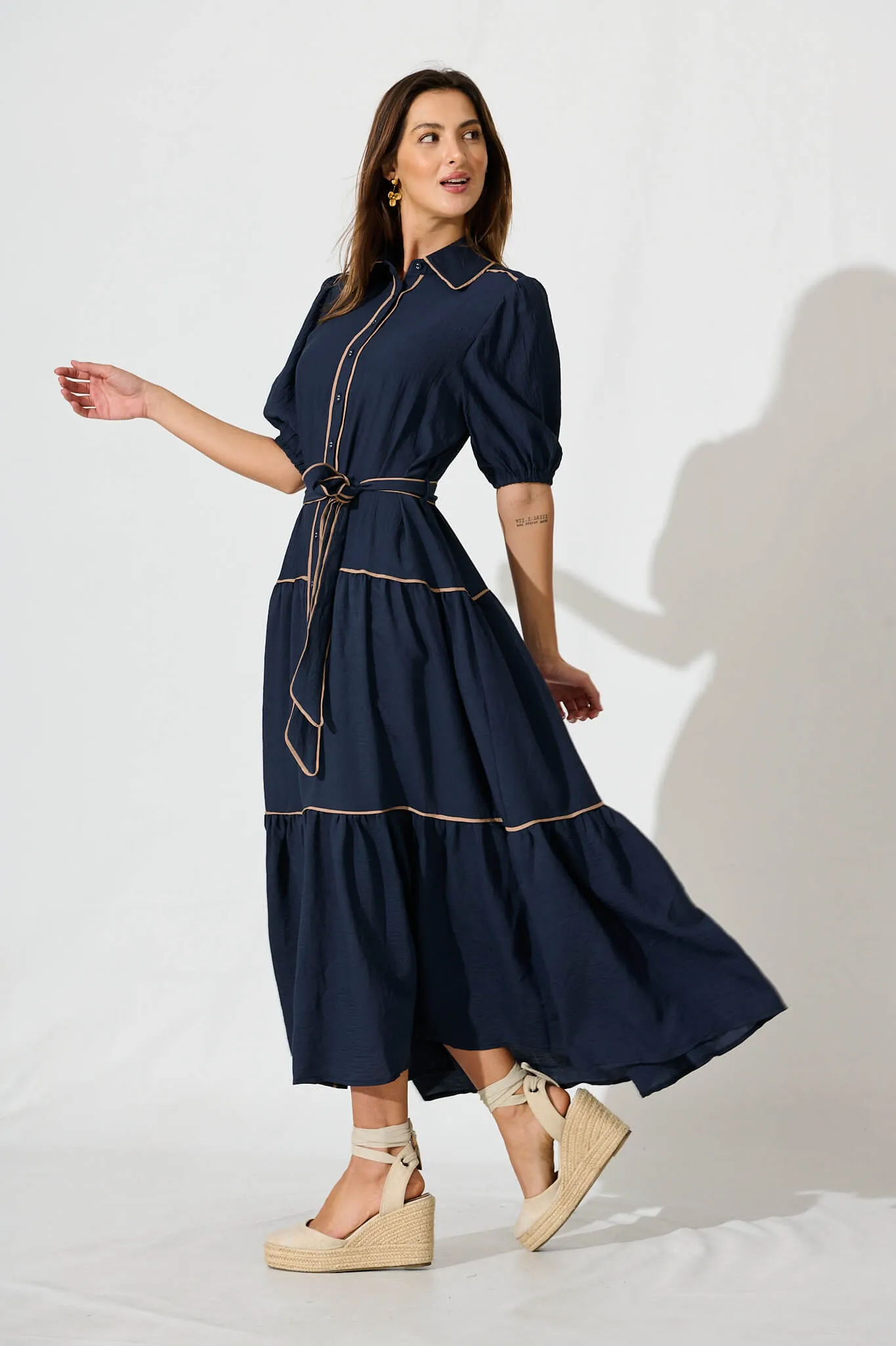Impression Maxi Shirt Dress In Navy With Contrast Piping sold by St Frock product image thumbnail 3