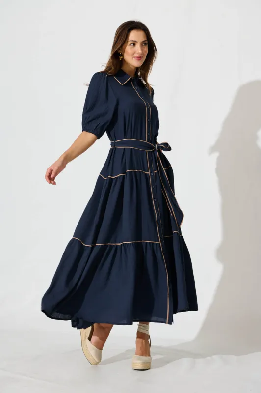 Impression Maxi Shirt Dress In Navy With Contrast Piping sold by St Frock