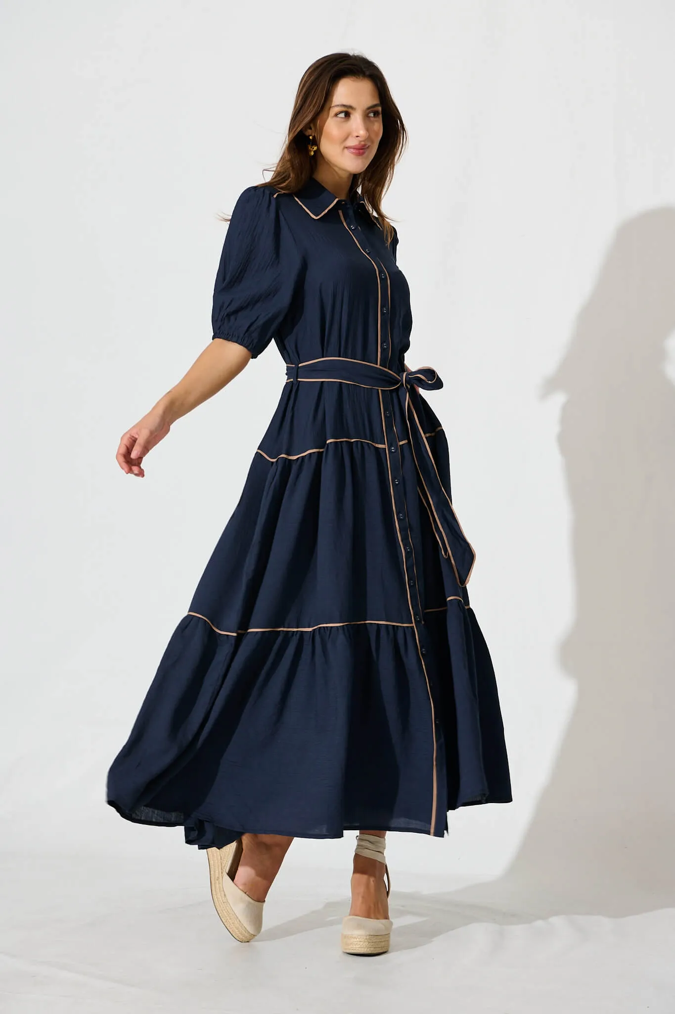 Impression Maxi Shirt Dress In Navy With Contrast Piping sold by St Frock