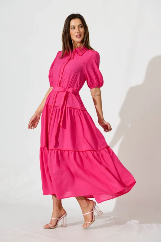Impression Maxi Shirt Dress In Pink With Contrast Piping sold by St Frock