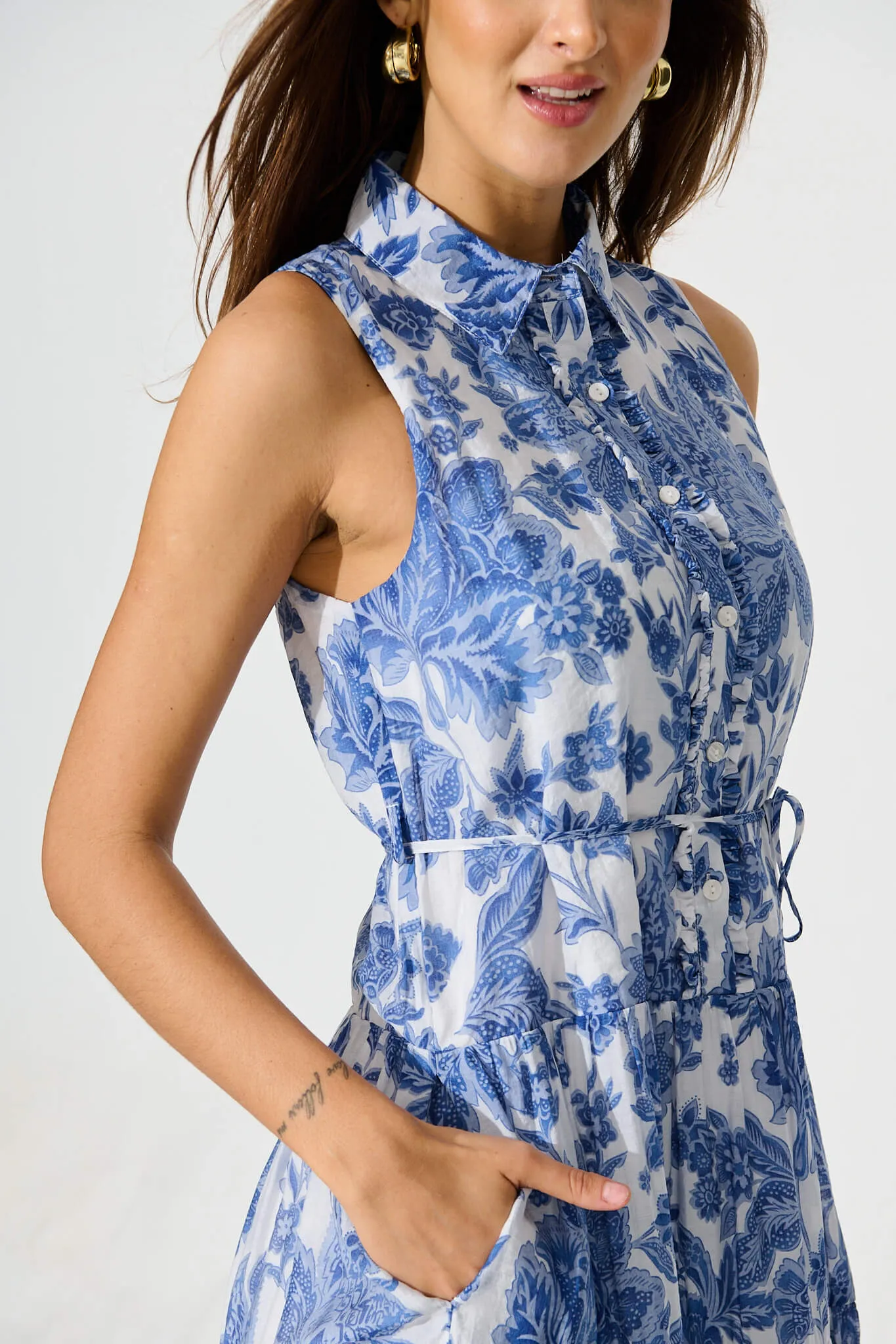 Claremont Midi Dress In White With Blue Print Cotton Blend sold by St Frock product image thumbnail 5