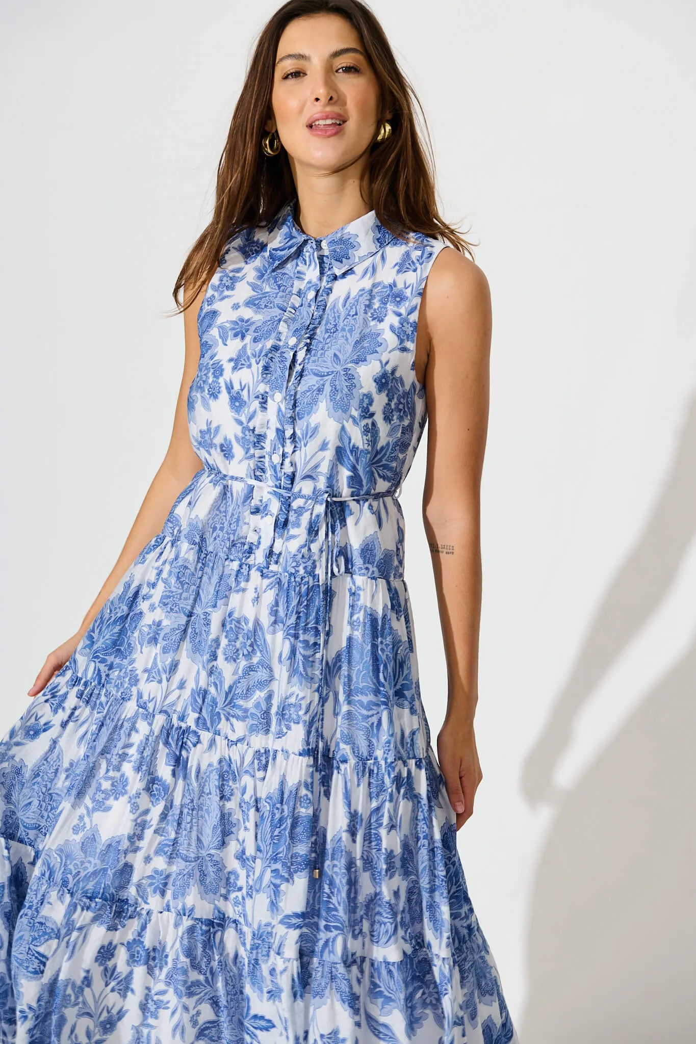 Claremont Midi Dress In White With Blue Print Cotton Blend sold by St Frock product image thumbnail 2